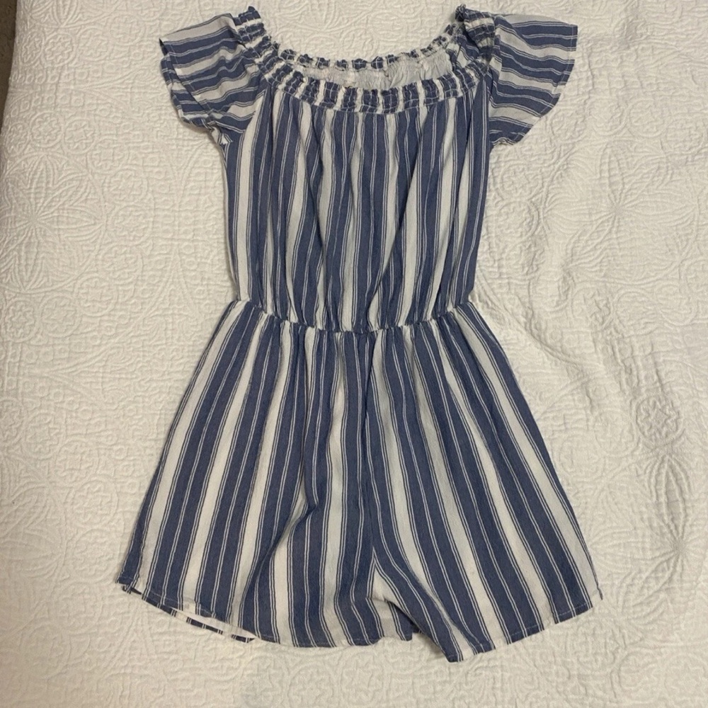 Hollister Navy and White Striped Off-Shoulder Romper